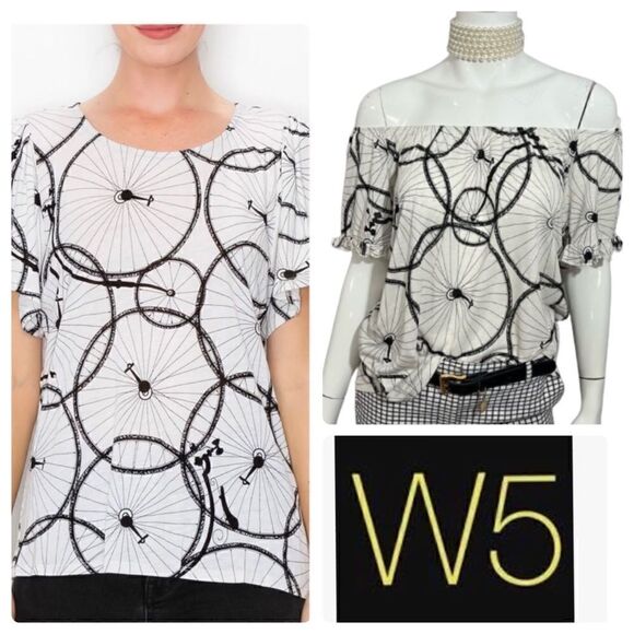 NWT W5 Black and White Penny Farthing‎ bicycle scoop neck, ruffle sleeve top - S - Picture 1 of 14